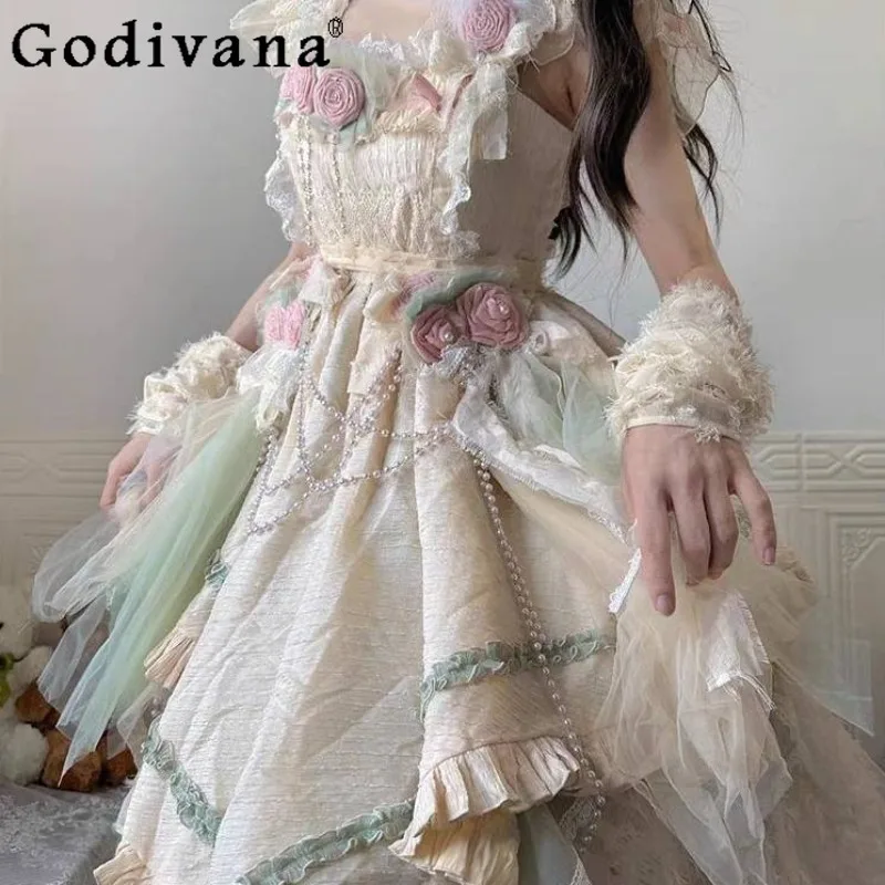 

Lolita Heavy Craft JSK Dress for Women Japanese Style Flower Goddess Sweet Dress Female Fresh Lace Patchwork Gentle Dress