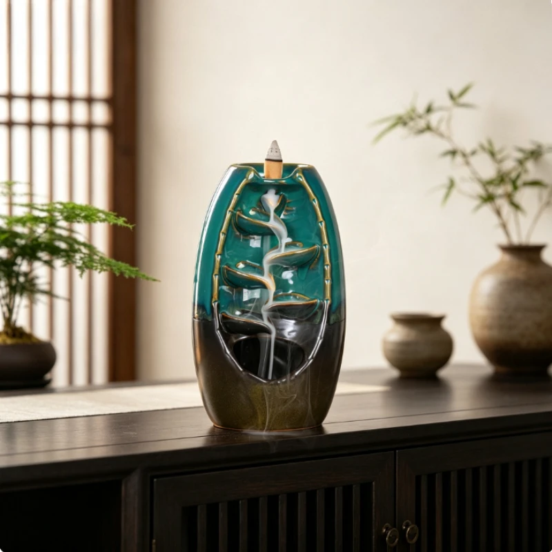 Ceramic Backflow Incense Burner Waterfall Smoke, Blue Countertop Incense Holder , Zen Meditation Home Fragrance Decor With Glaze