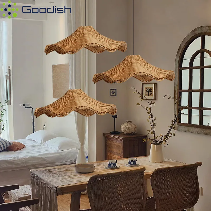 

Wabi-sabi Rattan Hand-woven Pendant Lights LED Flower Chandelier for Café Living Dining Room Bedroom Art Home Decoration Lamps