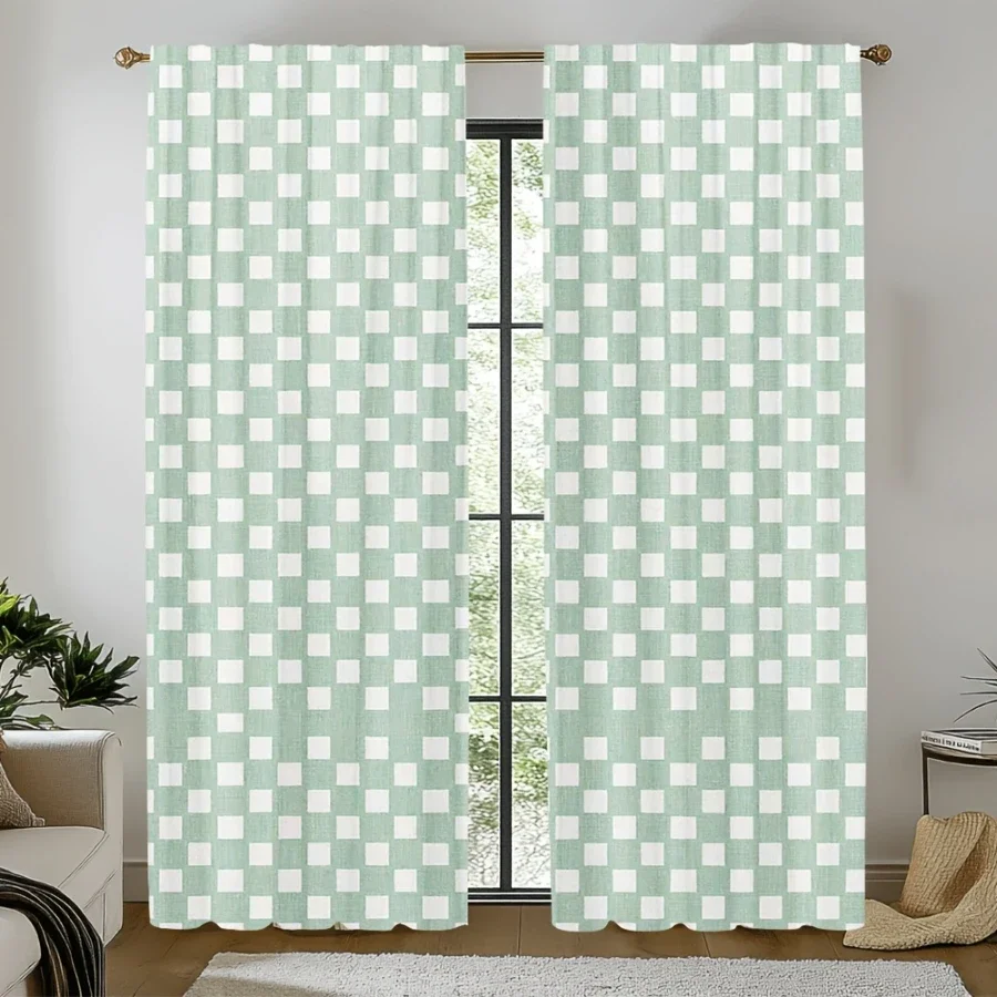 Light Green and White Gingham Pattern Curtains for Living Room Bedroom Window Drapes