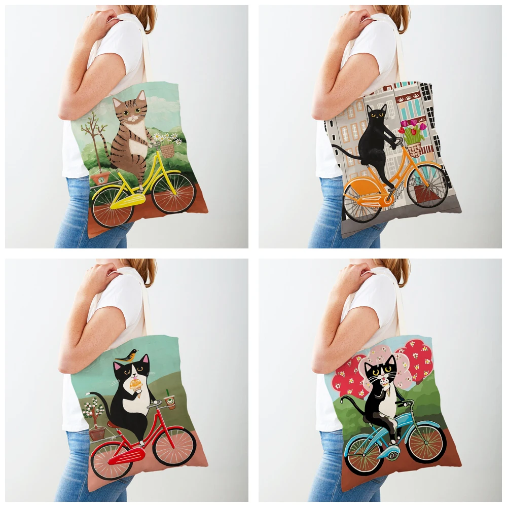 Simpatica borsa shopper da donna per bici da bicicletta, borsa per la spesa da donna, borsa a tracolla per animali in tela riutilizzabile pieghevole