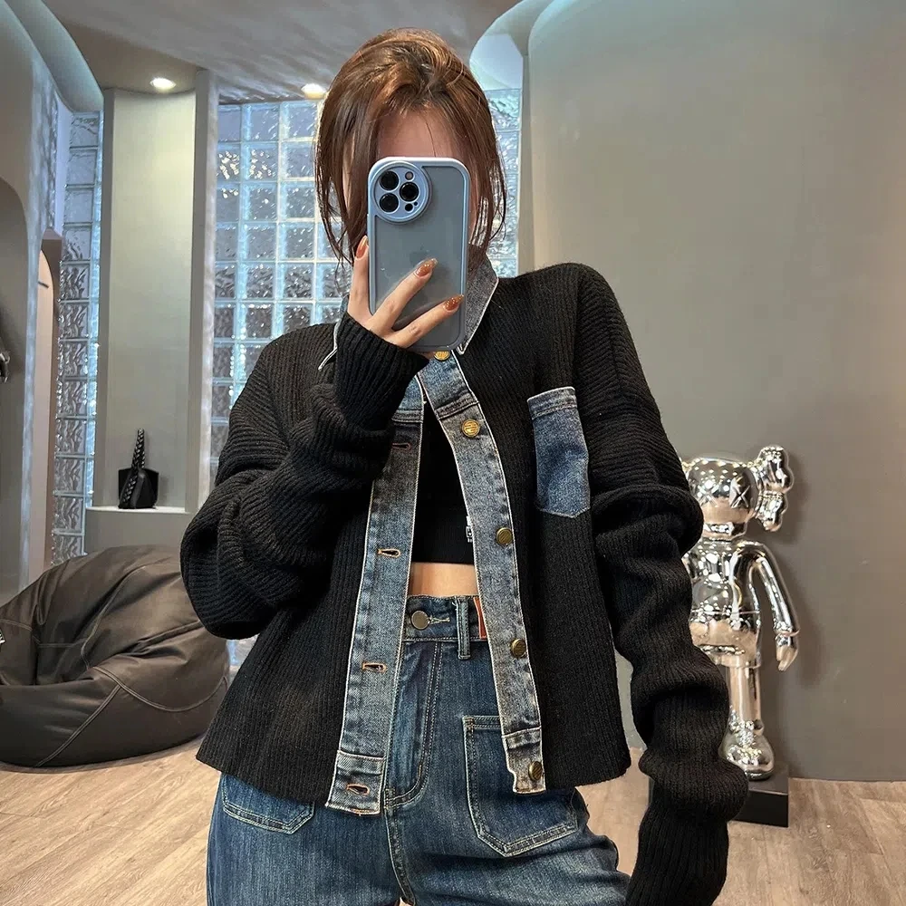 Women Vintage Denim Patchwork Sweater Cardigan Korea Fashion Harajuku  Short Knitted Jacket Single Breasted Long Sleeve Knitwear