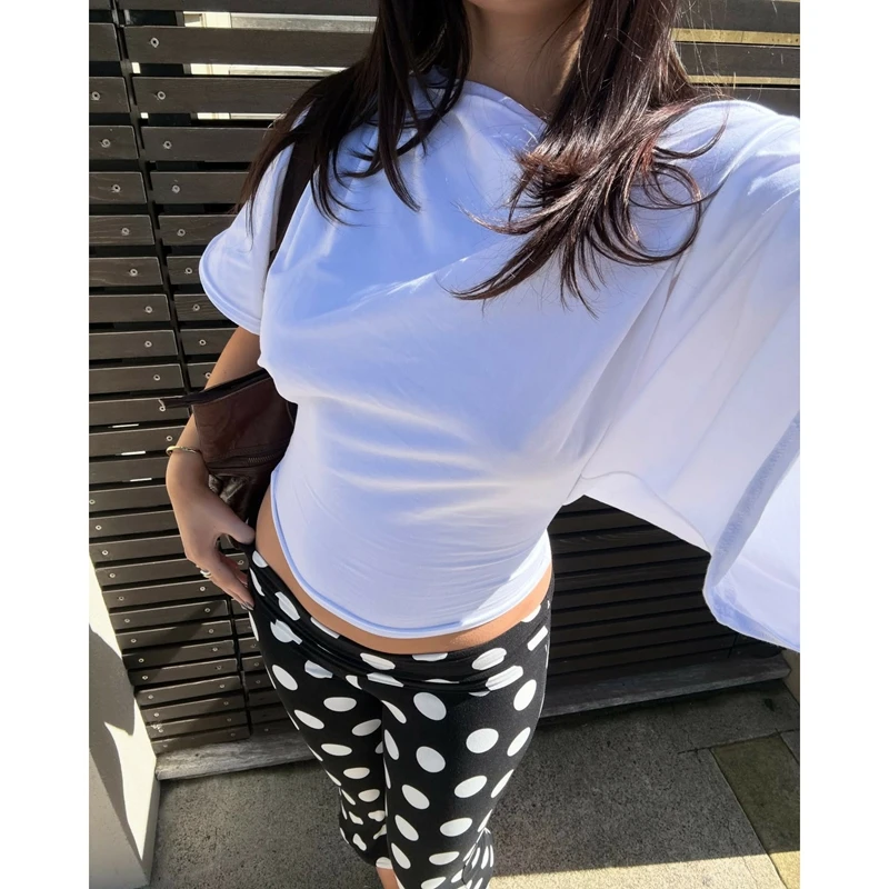 여성용 Y2K 빈티지 밴딩 로우라이즈 카프리 팬츠 슬림 바디콘 트라우저 도트 프린트 크롭 레깅스