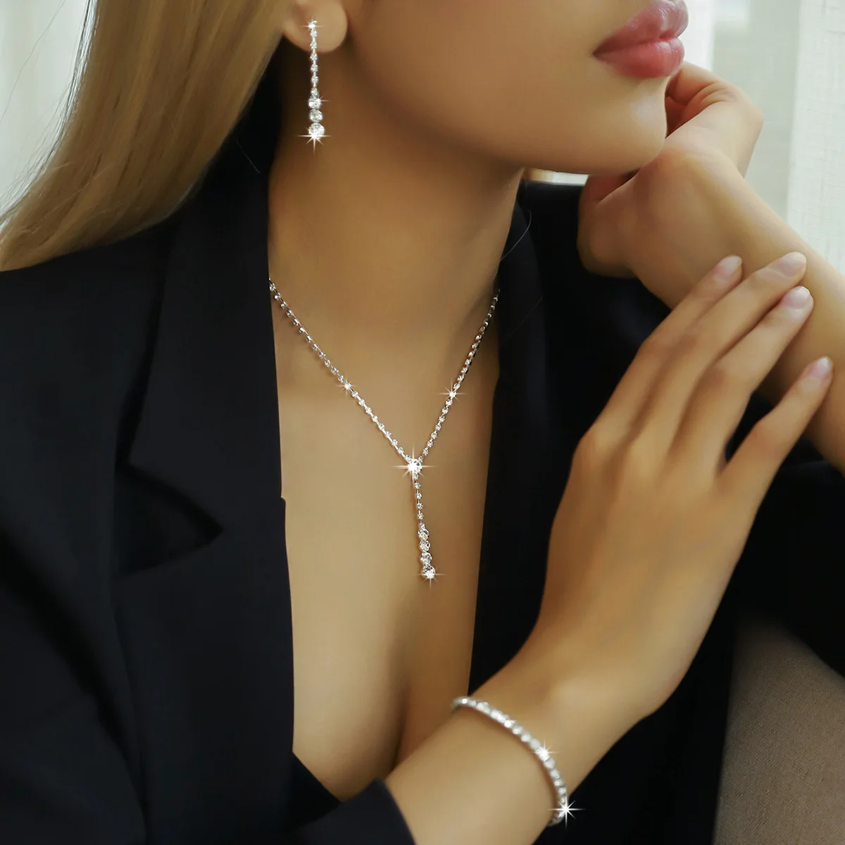4PCS/Set Simple Tassel Rhinestone Necklace Bracelet Earrings Set Bridal Wedding Party Banquet Photography Jewelry