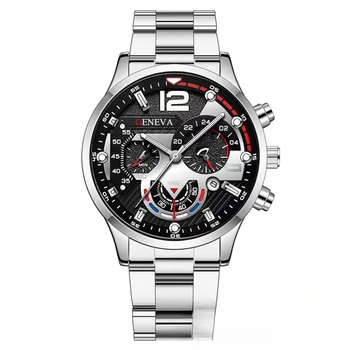 남성용 스틸 스트랩 캘린더 쿼츠 시계, 스포츠 야간 조명 포인터