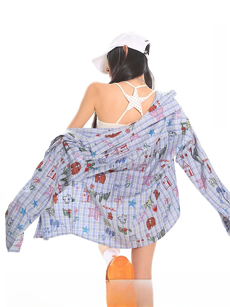 

Retro fiti American College Sle irt Women's Summer Plaid Sun Protection Open Cardigan Layering irt Loose Fit Long S...