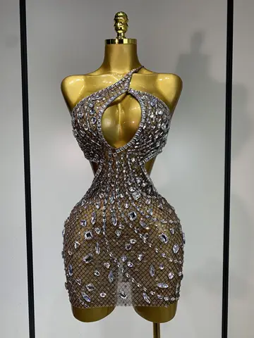 Sexy Sparkly Diamond Backless Short Dress 2025 Women Sleeveless Mesh See Through Evening Birthday Gown Singer Stage Outfit