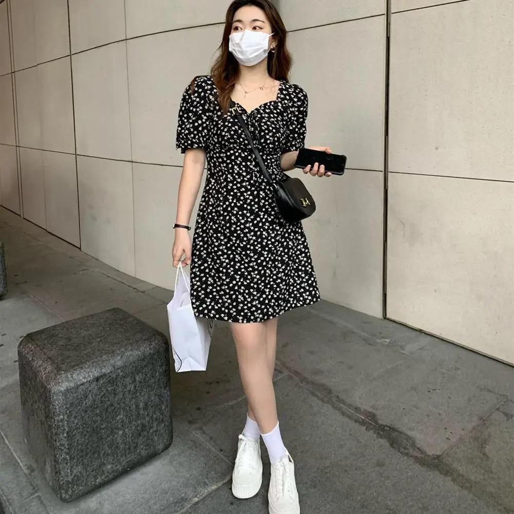 

Plus Size 4XL 100kg High Waist Dress Women Summer Floral Sweet Dress V Neck Puff Sleeve Princess Elegant Korean Dresses