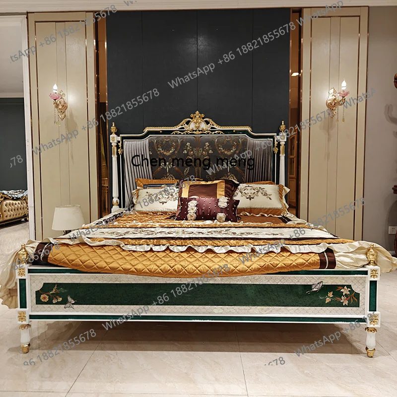 

French Court Bed Natural Colored Shell Parquet Fabric Double Bed Solid Wood Carved Gold Leaf Villa Master Bedroom Bed 1.8 meters