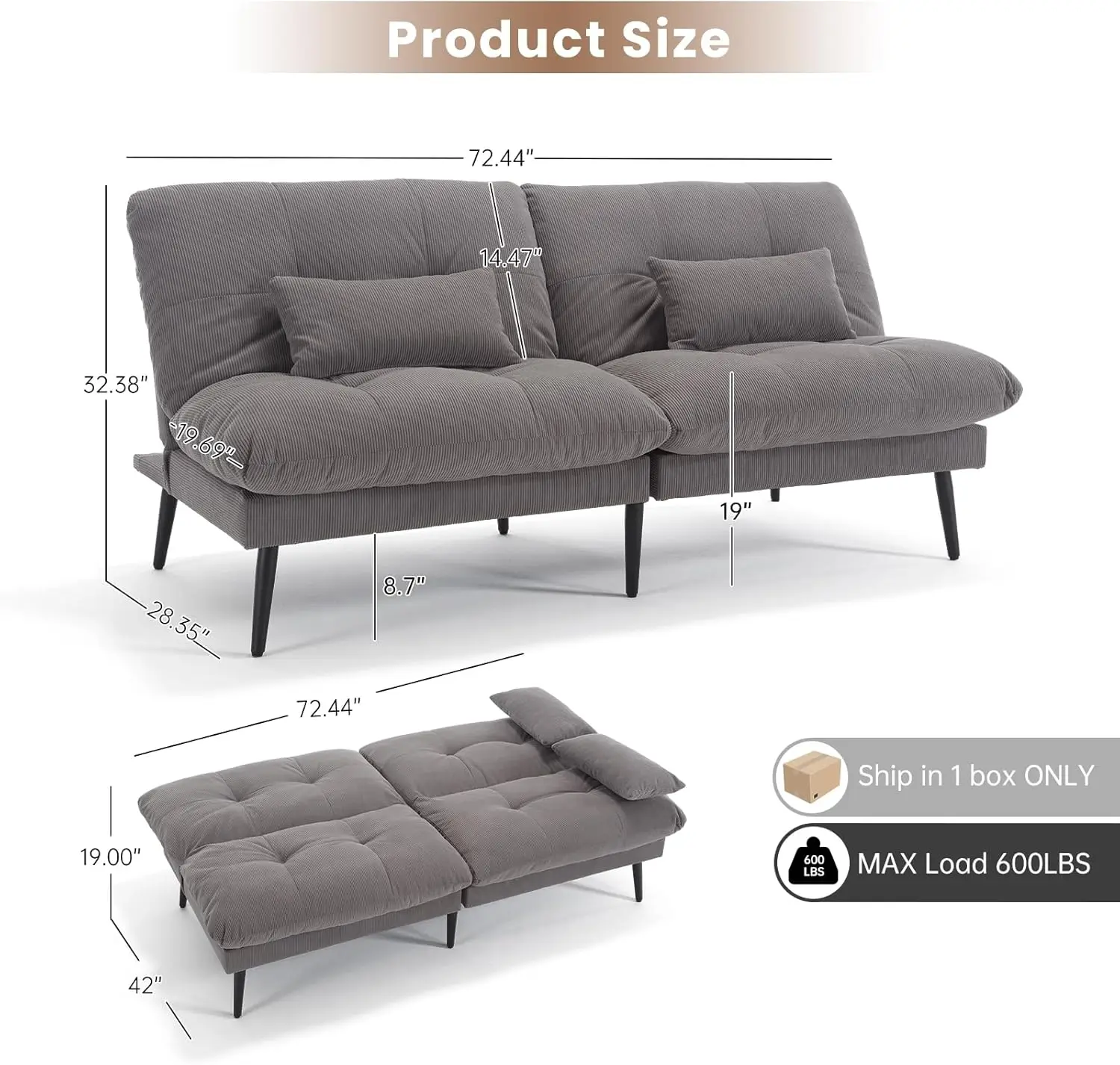 72'' Corduroy Futon Convertible Sofa Couch,Comfy Sleeper Sofa Bed with Adjustable Backrest, Modern Futon Loveseat