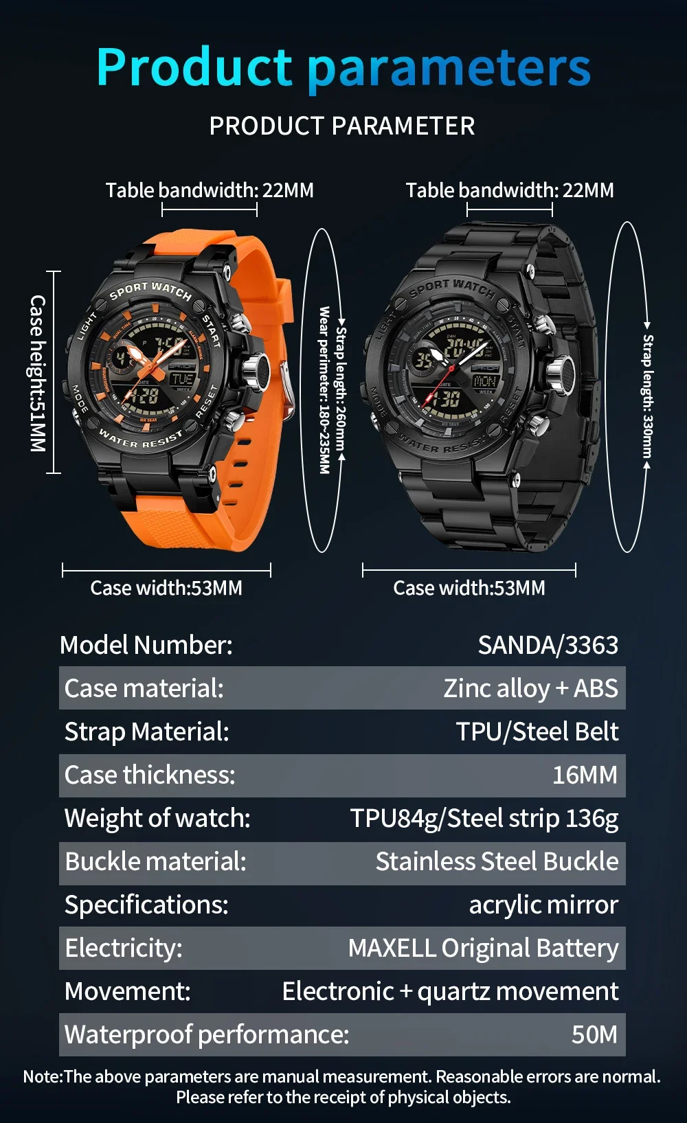 SANDA 3363 남성용 전자 시계 스포츠 다기능 방수 LED 듀얼 디스플레이 남성용 전자 시계
