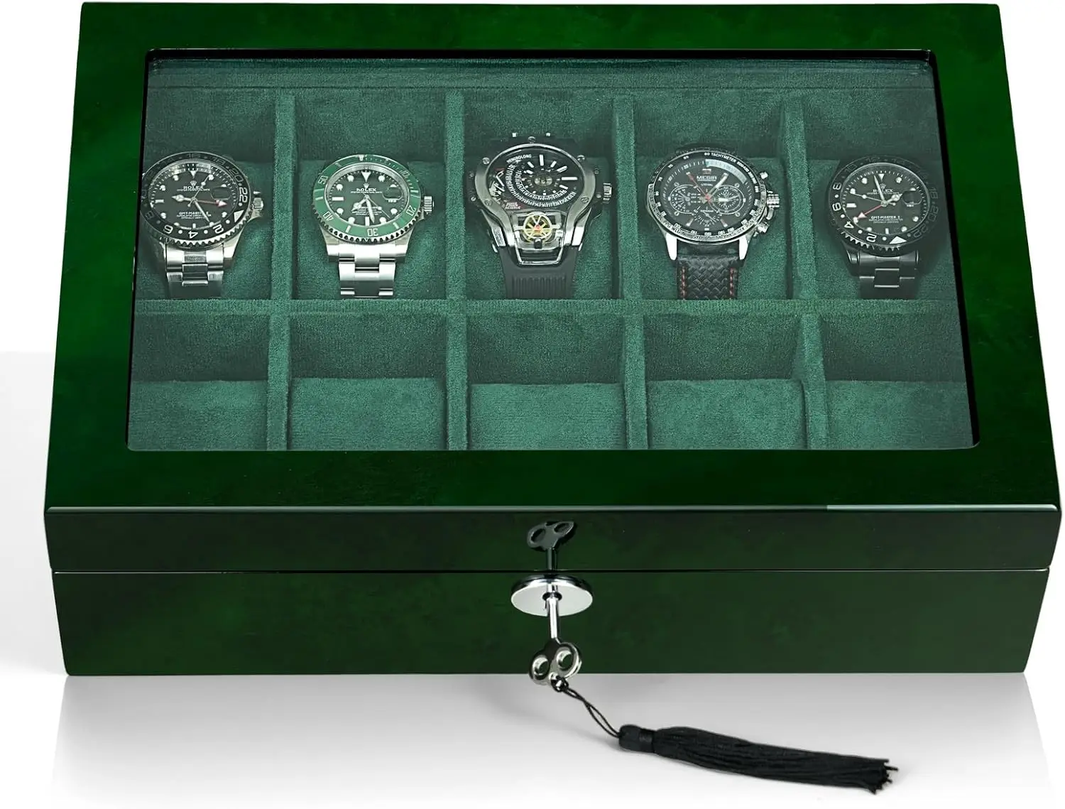 Wooden Watch Box for 10 Watches, Storage Organizer Case with Glass Window & Suede Interior, Gift for Men Women