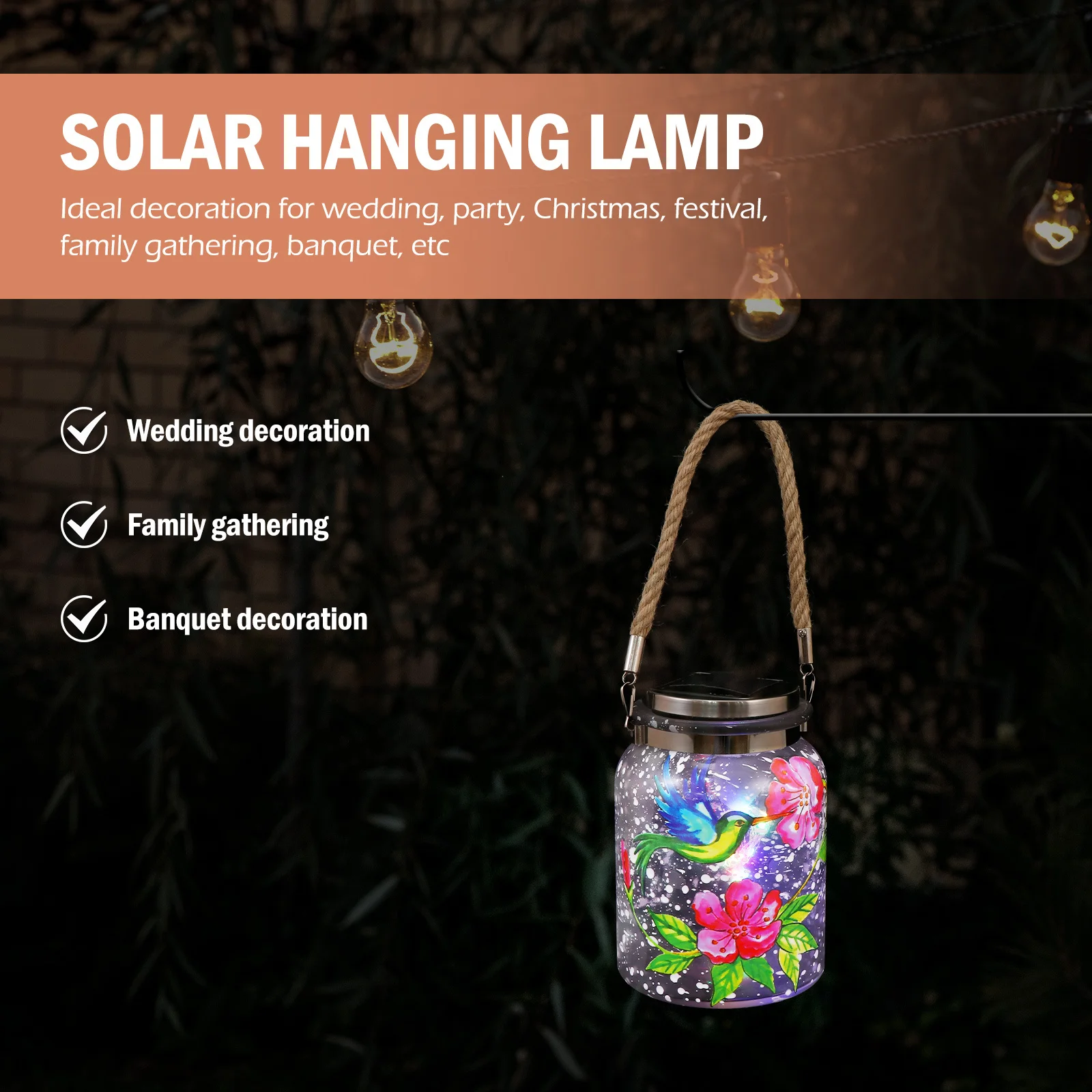 

1Pcs Solar Jar Light Solar Powered LED Hanging Lamp for Outdoor Garden Courtyard Wedding Party Decorative Ambient Lighting