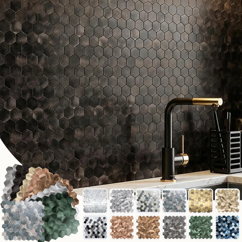 Self‑Adhesive Metal Mosaic Tile Peel and Stick Waterproof Wall Sticker for Kitchen Backsplash Bathroom Home Background Decor