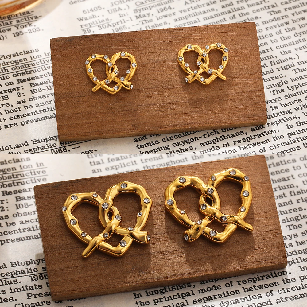 Lovely Knotted Heart Shape Stud Earrings for Women Girls Cute 18K Gold Plated CZ Zirconia Bowknot Tiny Earrings Sweet Jewelry