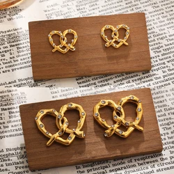 Lovely Knotted Heart Shape Stud Earrings for Women Girls Cute 18K Gold Plated CZ Zirconia Bowknot Tiny Earrings Sweet Jewelry