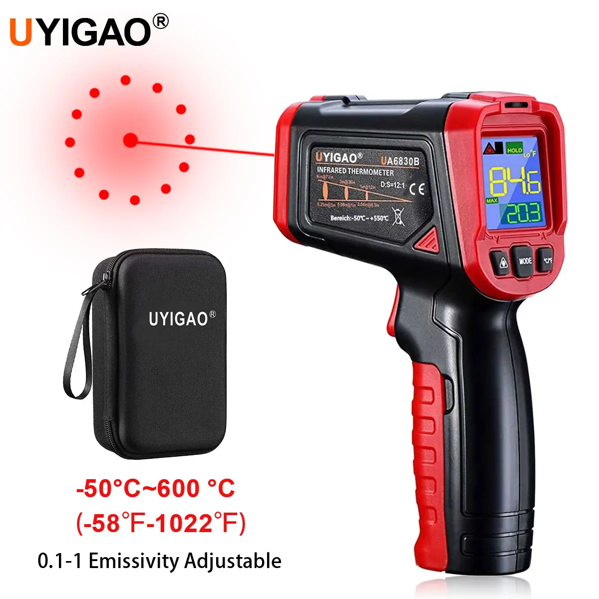 13-Point Laser Infrared Thermometer NonContact Temperature Gun Color Backlit Display 600°C High Temperature Emmissivity Adjusta