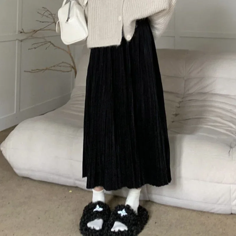 

Плиссированные юбки женские осенние с высокой талией простые до середины икры для отдыха темперамент однотонные универсальные женские корейский стиль элегантные свободные