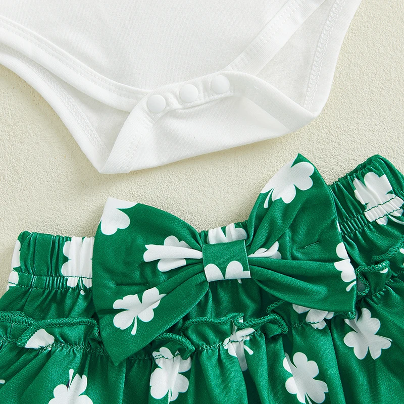 St Patrick s Day Baby Girl Outfit Shamrock Print Romper Ruffled Shorts Headband Knee-High Socks 4-Piece Set for Irish