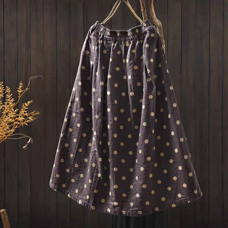 100% 면 여성 캐주얼 스커트 신상품 2025 가을 심플 스타일 빈티지 도트 무늬 여성 하이웨이스트 A라인 스커트 T766