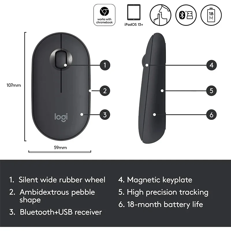 Logitech PEBBLE M350 Laptop Tablet Mouse Sem Fio Bluetooth Mouse Leve e Fino Mudo Escritório 2 em 1 Bateria/USB Estoque Mini Mouse