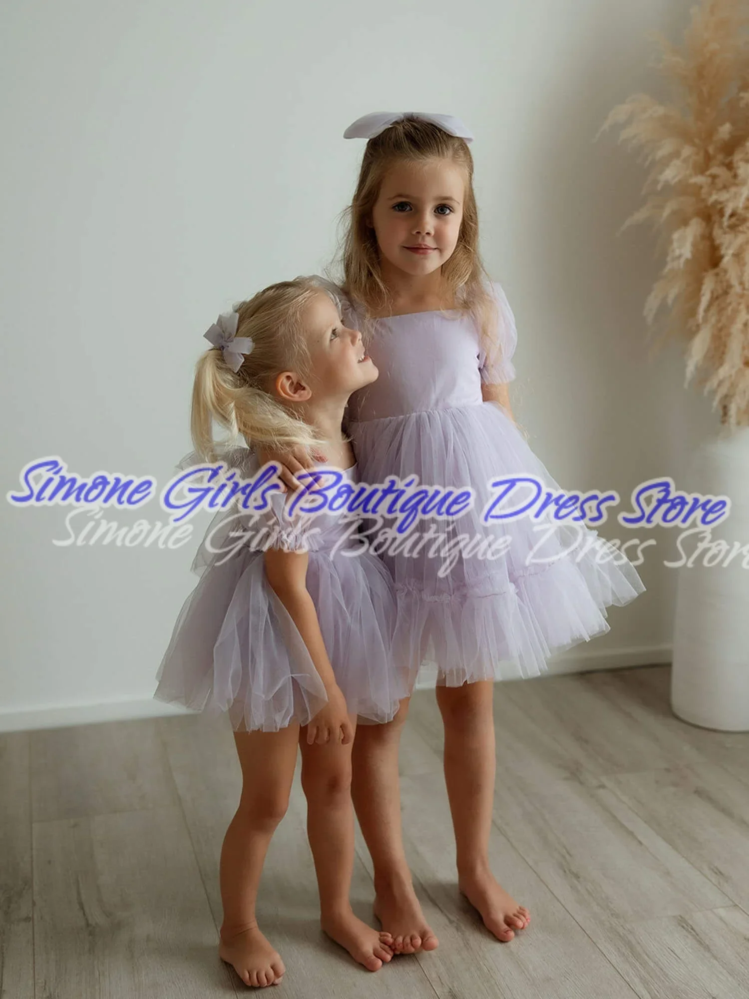 Short Sleeves Knee-length Skirts Cute Purple Dress Flower Girl Dress for Performances Parties Wedding Ceremonies Dance