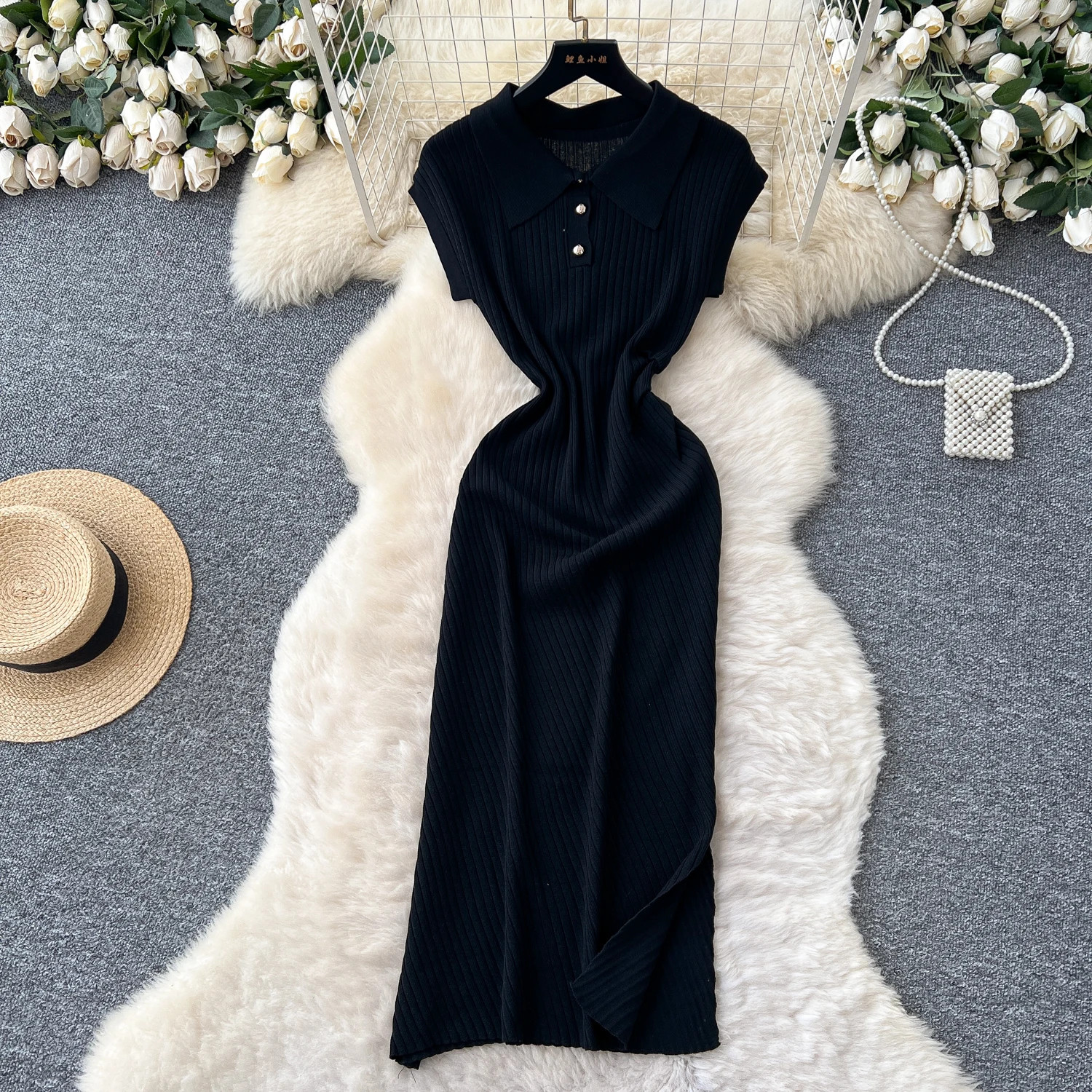 Schickes Vintage-Kurzarm-Strickknopf, schlank, elegante Fee, koreanische Mode, Boho-Sommerkleid, Damenbekleidung, langes Kleid