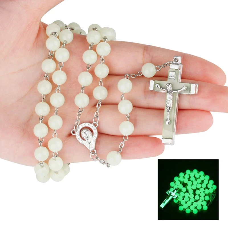 8mm Glow in the Dark Rosary Necklace Jesus Christ for Cross Pendant Noctilucent Long Chain Catholicism Fashion Jewelry F0T6