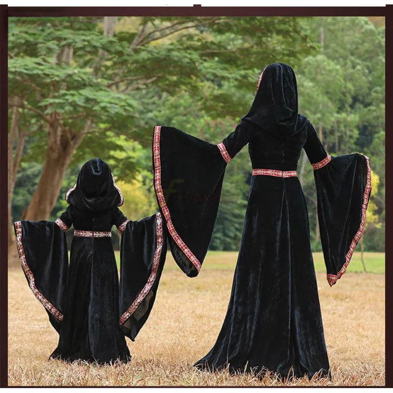 Mittelalterliches viktorianisches Kleid für Frauen Steampunk Flare Sleeve Hexe Robe Cosplay Gothic Kostüm Weinrote Kapuze Langes Kleid Vestidos