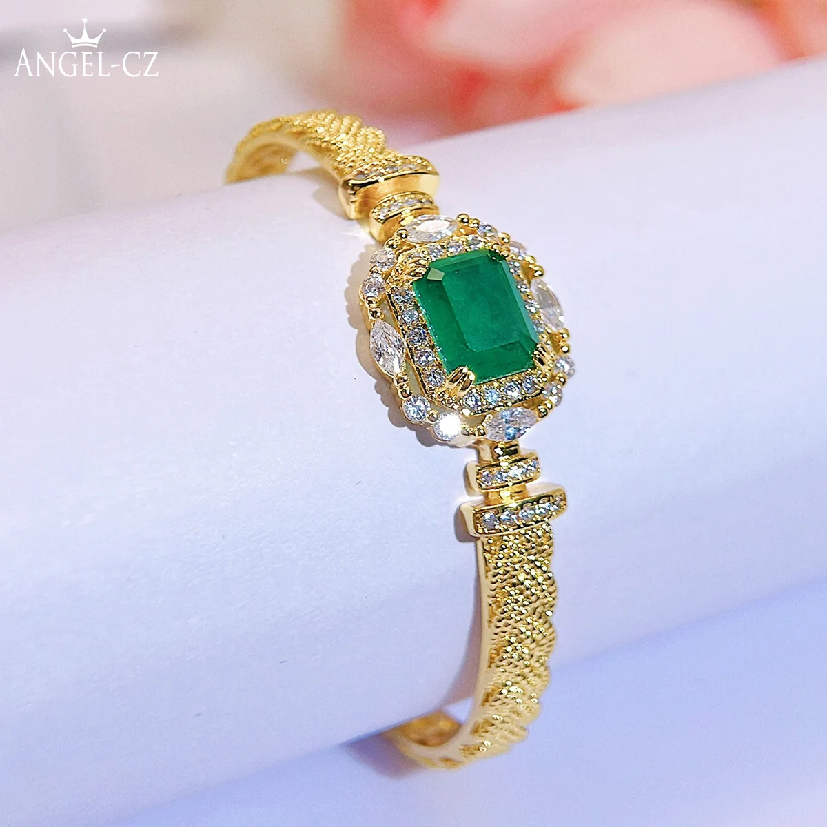 ANGELCZ-brazalete abierto con piedras de cristal esmerilado para mujer, brazalete ajustable, estilo romano, color dorado, AB189