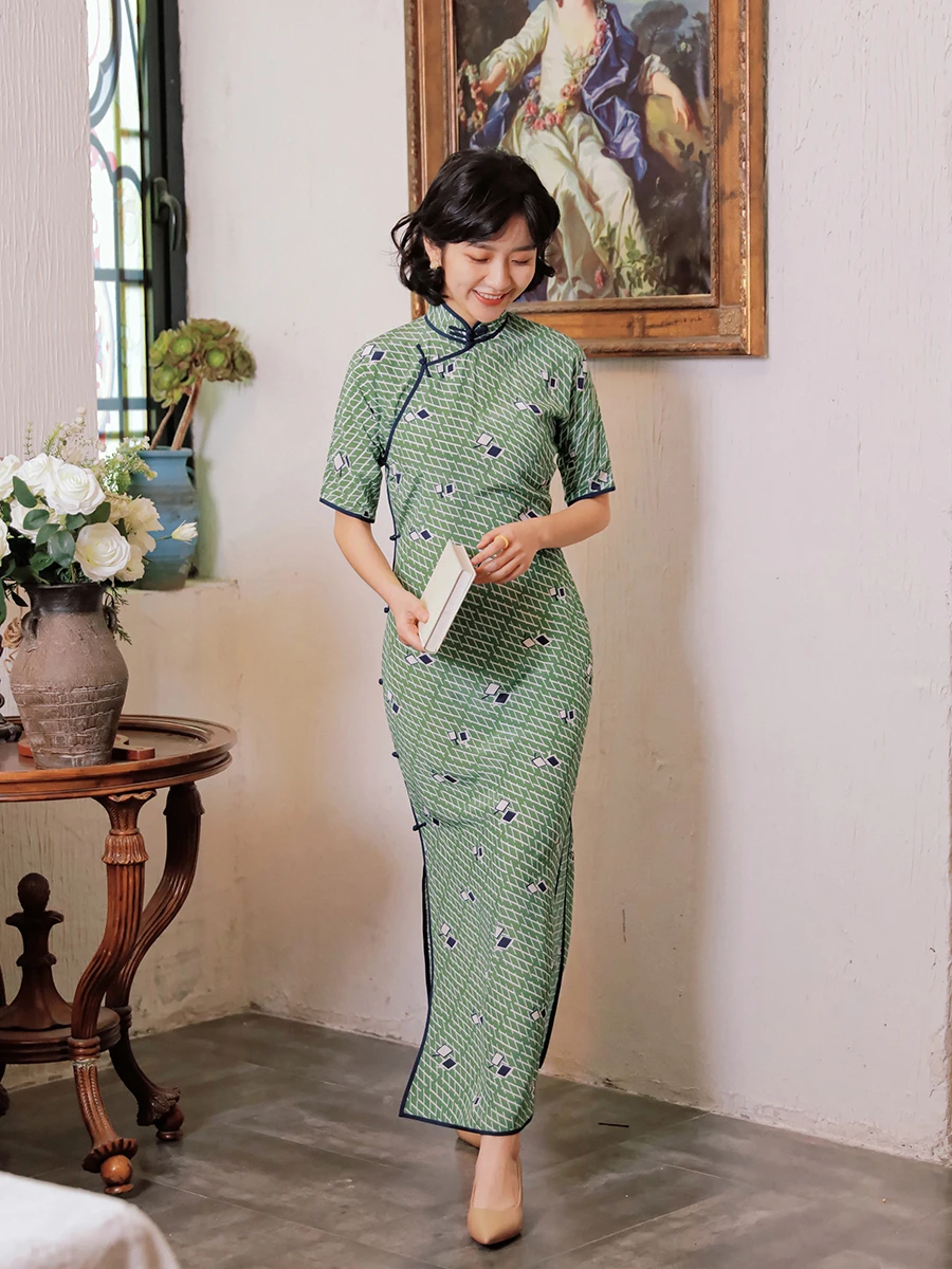 

Mumei Silk Cotton Spring Summer Quarter Sve Full Slit Piped Long Vintage Daily Women's Clothing Traditional Chin...
