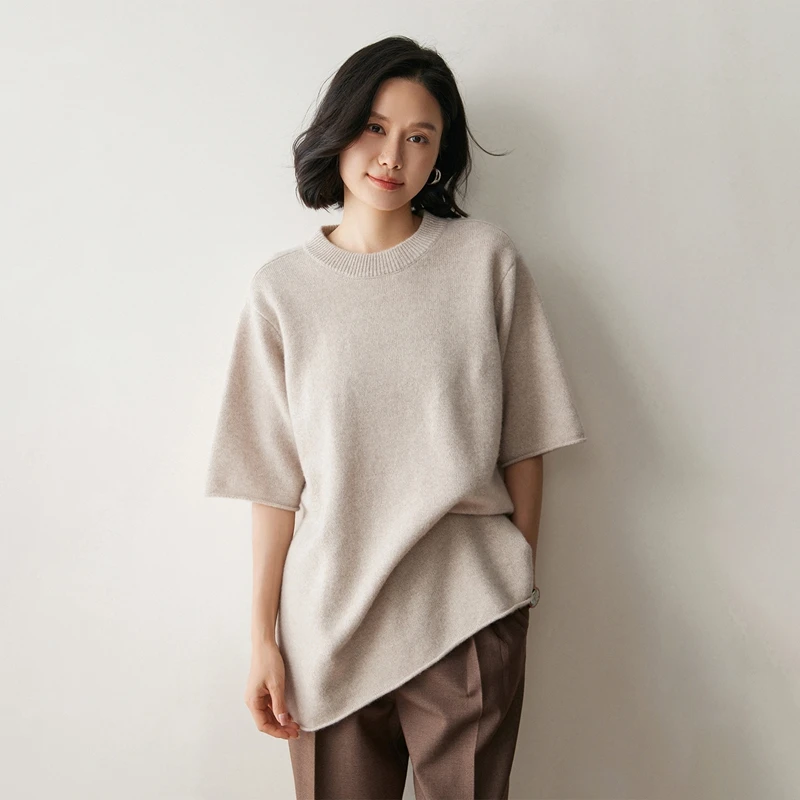 

Autumn Winter New Thickened 100% Cashmere Long T-shirt Women's Round Neck Knitted Hoodie Sweater Casual Loose Large Half Sleeve