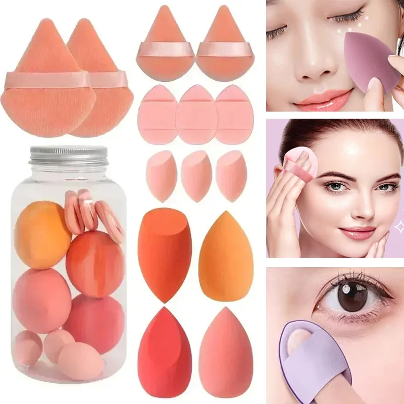 Set de 12/14 Esponjas de Maquillaje, Blender Cosmético, Esponja para Base, Polvos, Mini Esponja de Dedo, Accesorios de Maquillaje para Mujer