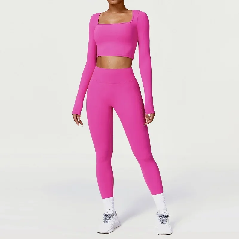 Women's Gym Yoga Set Quick Dry Running Sports Workout Set Long Sleeve Crop Top Tight Leggings Two Piece Suit for Fitness Clothes