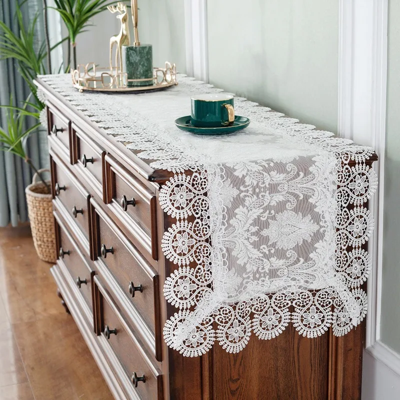 White Table Runner Lace Glass Yarn Soft Table Flag Romantic Hollow Out Europe Embroidered Dining Tea Tablecloth Home Decor Dust