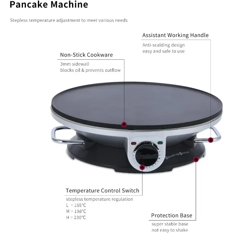 Máquina eléctrica para hacer crepes de 13 pulgadas, dispositivo redondo de acero inoxidable de 1000W con 3 perillas de Control de temperatura, calentamiento rápido