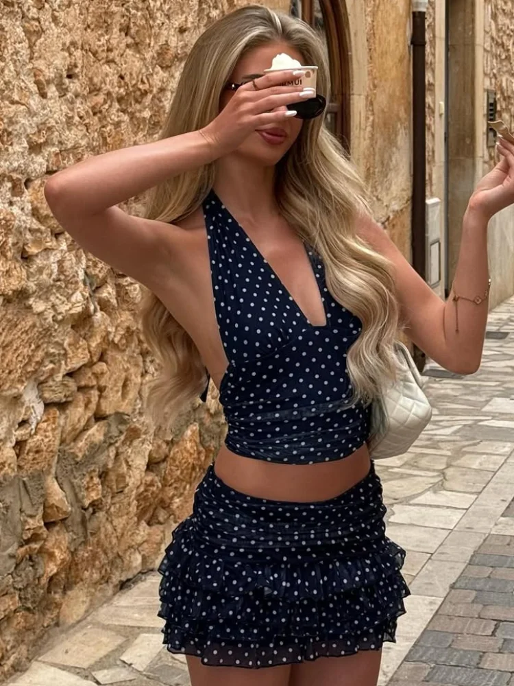 

Women Sexy Bikini Set Deep V-neckline Sleeveless Backless Jude Skinny Layered Ruffles Dot Skirt Set Beach Pool Party Style Wear