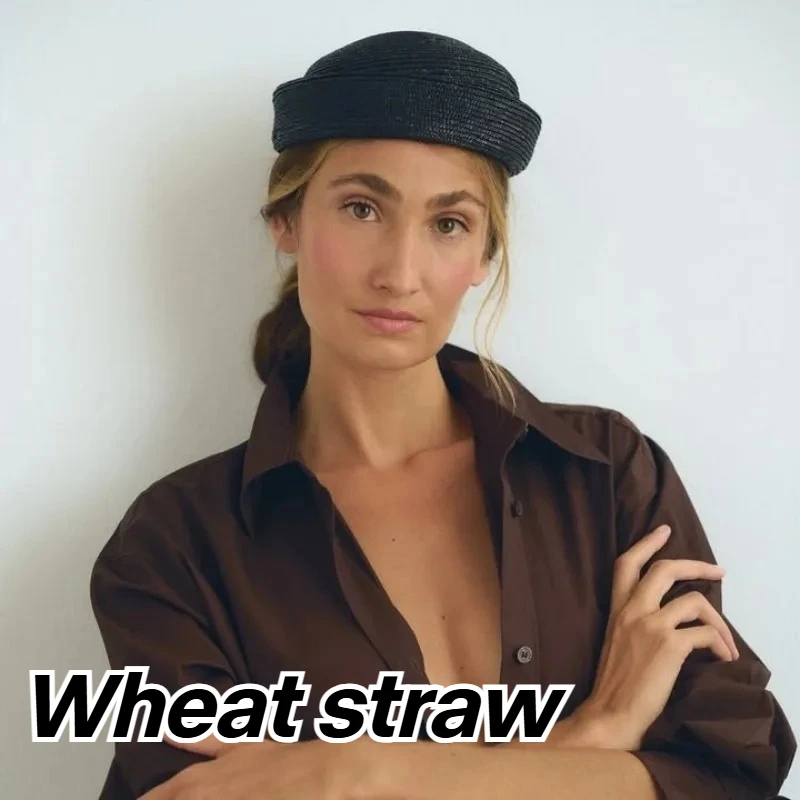 النساء المنسوجة يدويا القش الطبيعي قبعة الشمس Ins مدون موضة الصيف القبعات المسطحة دائرة مقعر علوي الكنيسة ديربي قبعة للشاطئ