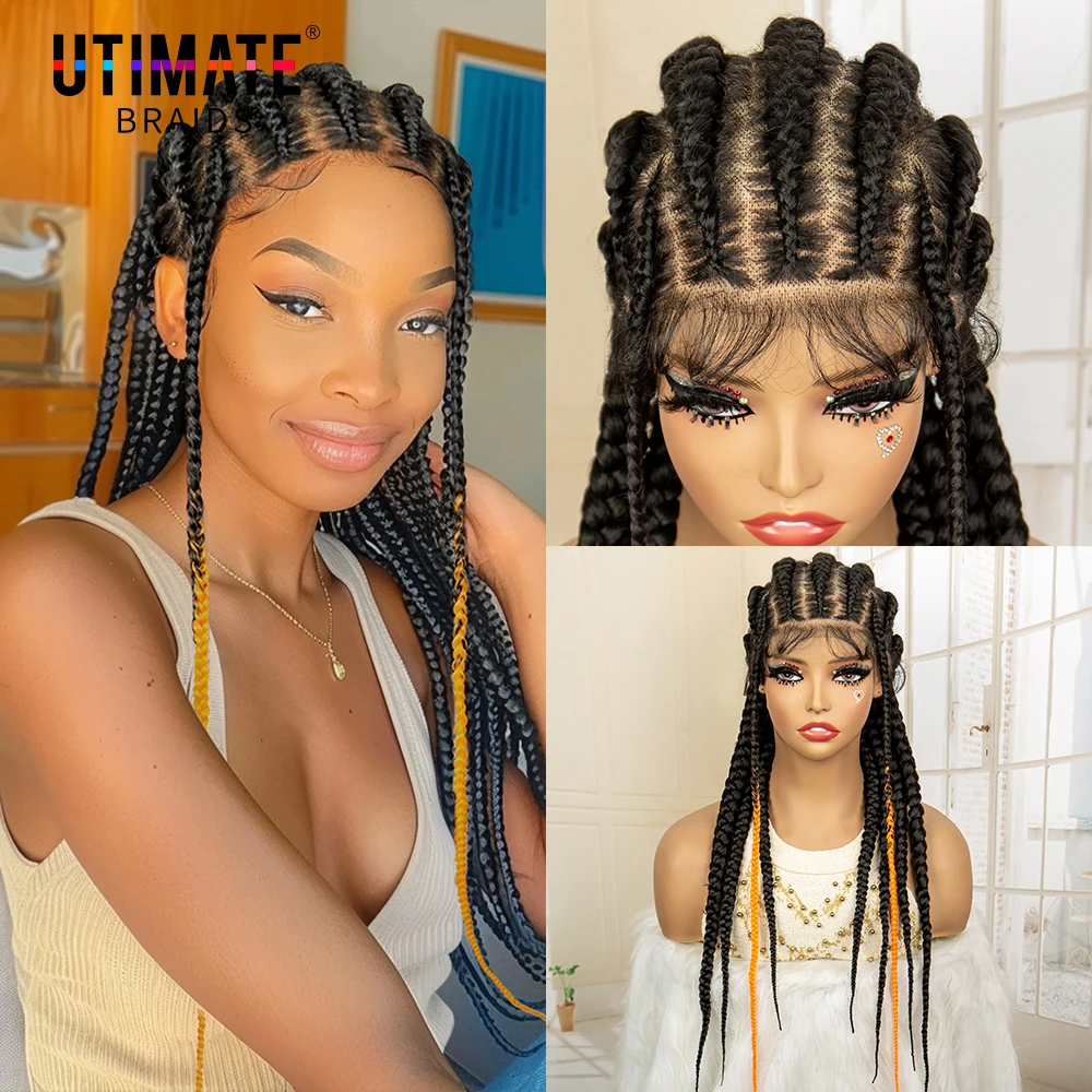 Full Lace Cornrow Gevlochten Pruiken Highlights Oranje Lace Front Vlechten Pruik Natuurlijke Kleur Pruiken Met Baby Haar Voor Zwarte Vrouwen