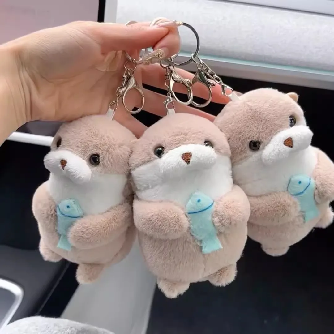 Cute Otters Holding Fish Plush Keychain Lightweight Hanging Pendant Props For School Bag Backpack Keyring For Boy Girl Women Men