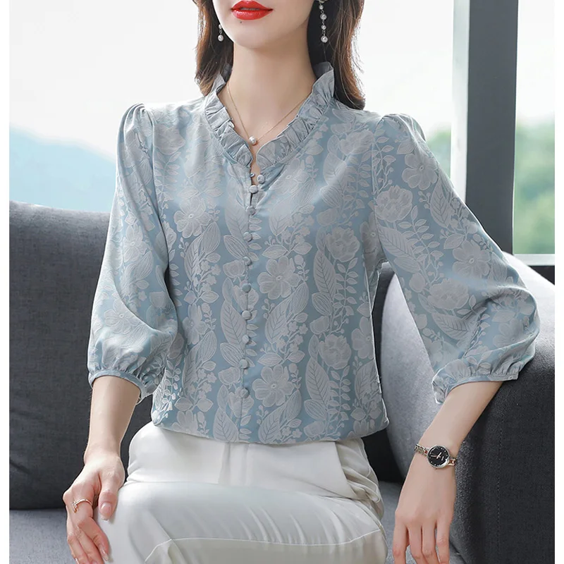 M-3XL Fashion Floral Printed Silk shirt New Retro Women top 3/4 Sleeve Casual Pullover Blouse