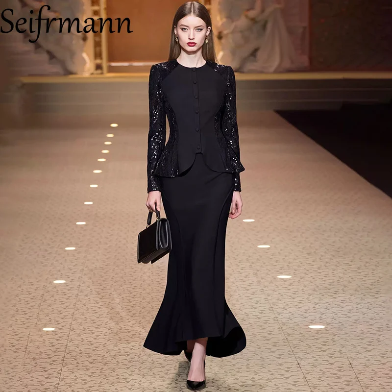 Seifrmann Solid color two-piece round neck long-sleeved sequined top fishtail skirt suit 2026 autumn fashion women's new style