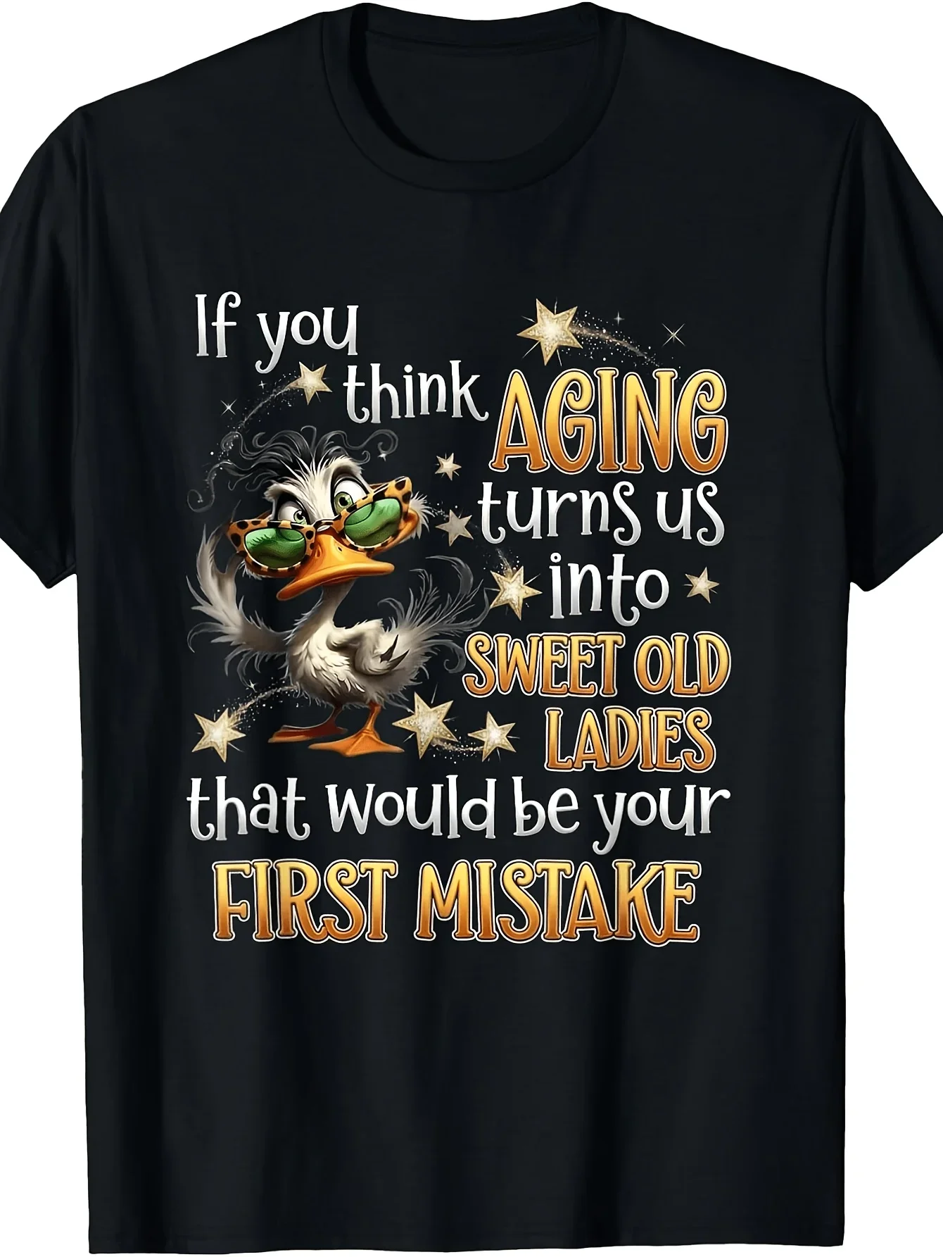 Plus Size, Funny Humor T-Shirt for Seniors- Vintage Style Round Neck Slim-Fit T-Shirt, Printed with a Funny Duck Pattern And The Slogan 