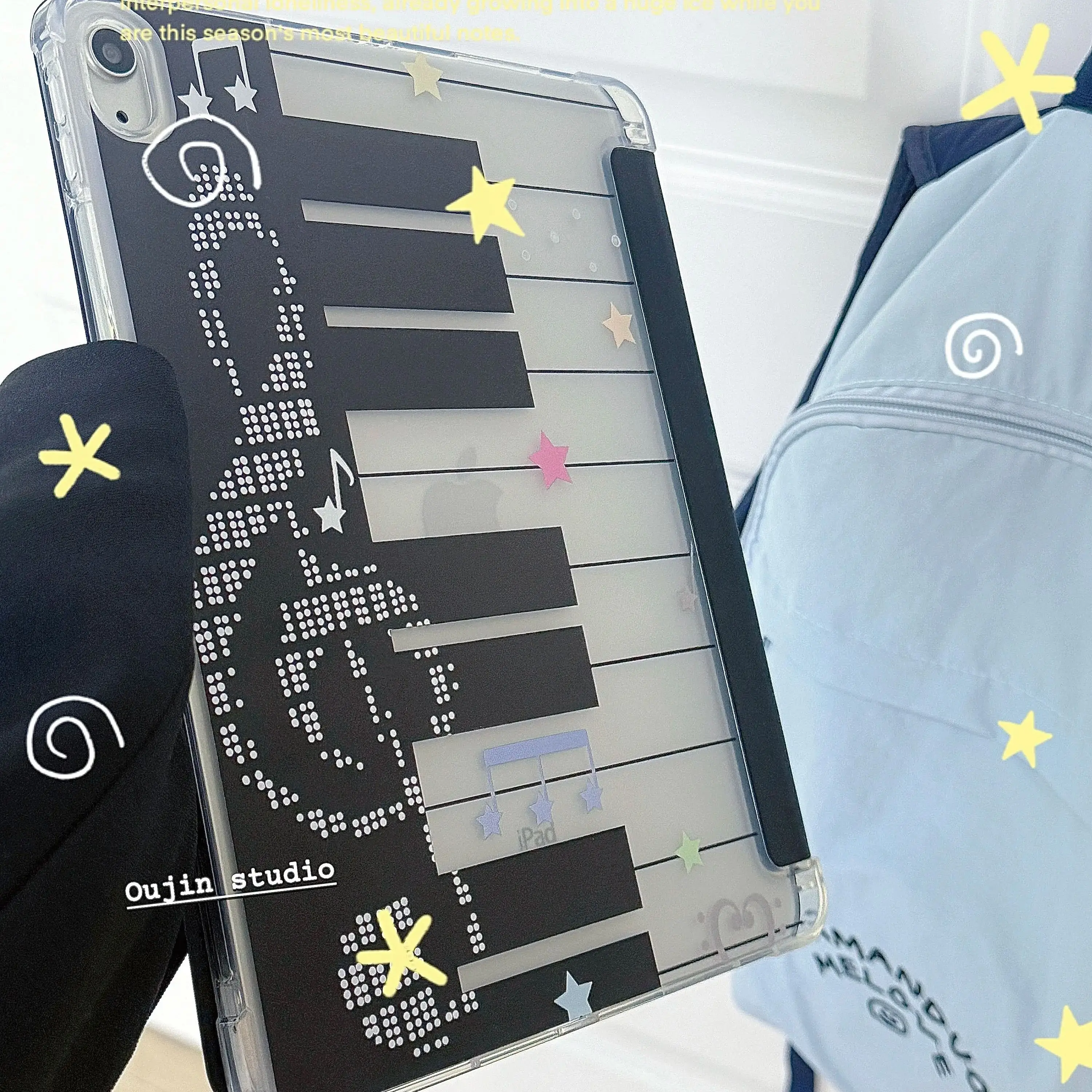 Korean Ins Style Minimalist Music Score For iPad Case 11/Air 7/10.2 French Piano Keys Design Y-Fold Clear Soft Shockproof Cover