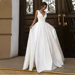 VENSANAC Simple Deep V Neck Satin A Line Wedding Dresses Draped Lace Up Backless Bridal Gown