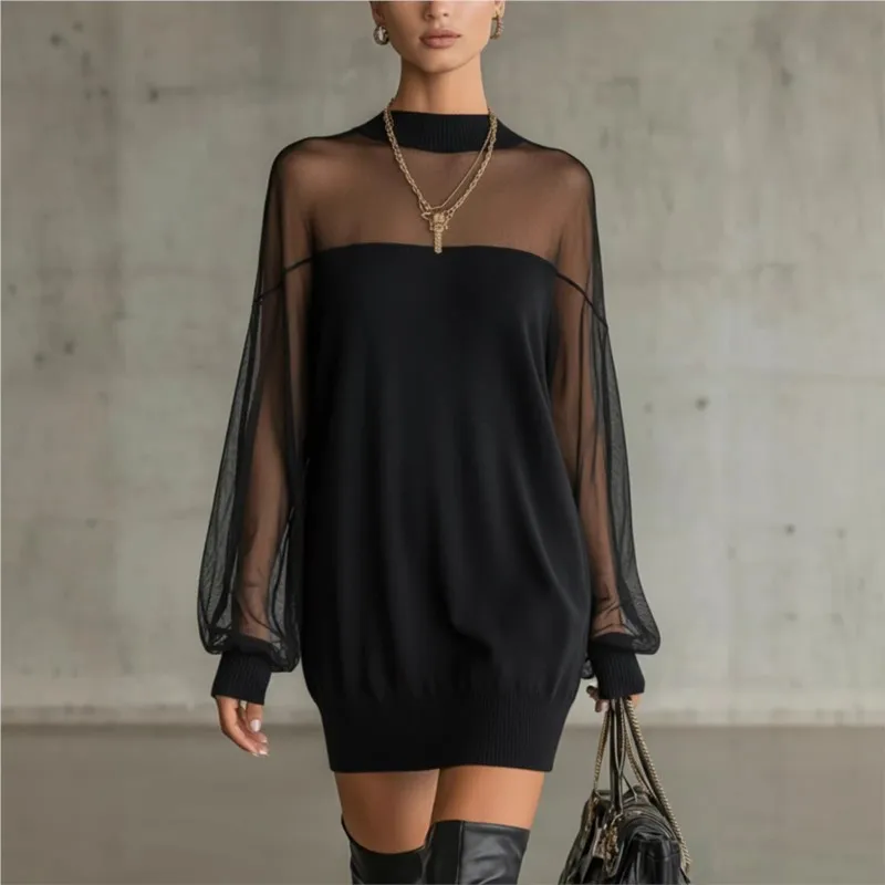 

Lady Black Loose Dress For Women Fashion Lace Patchwork O Neck Long Sleeve Pullover Party Dresses Robe Femme Chic Vestidos New