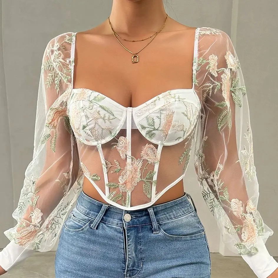 Women See through Gauze Mesh Crop Tops Sexy Puffy Sleeves Vest Square Neck Tank Top Flower Boned Long Sleeve Corset Bustier Cami