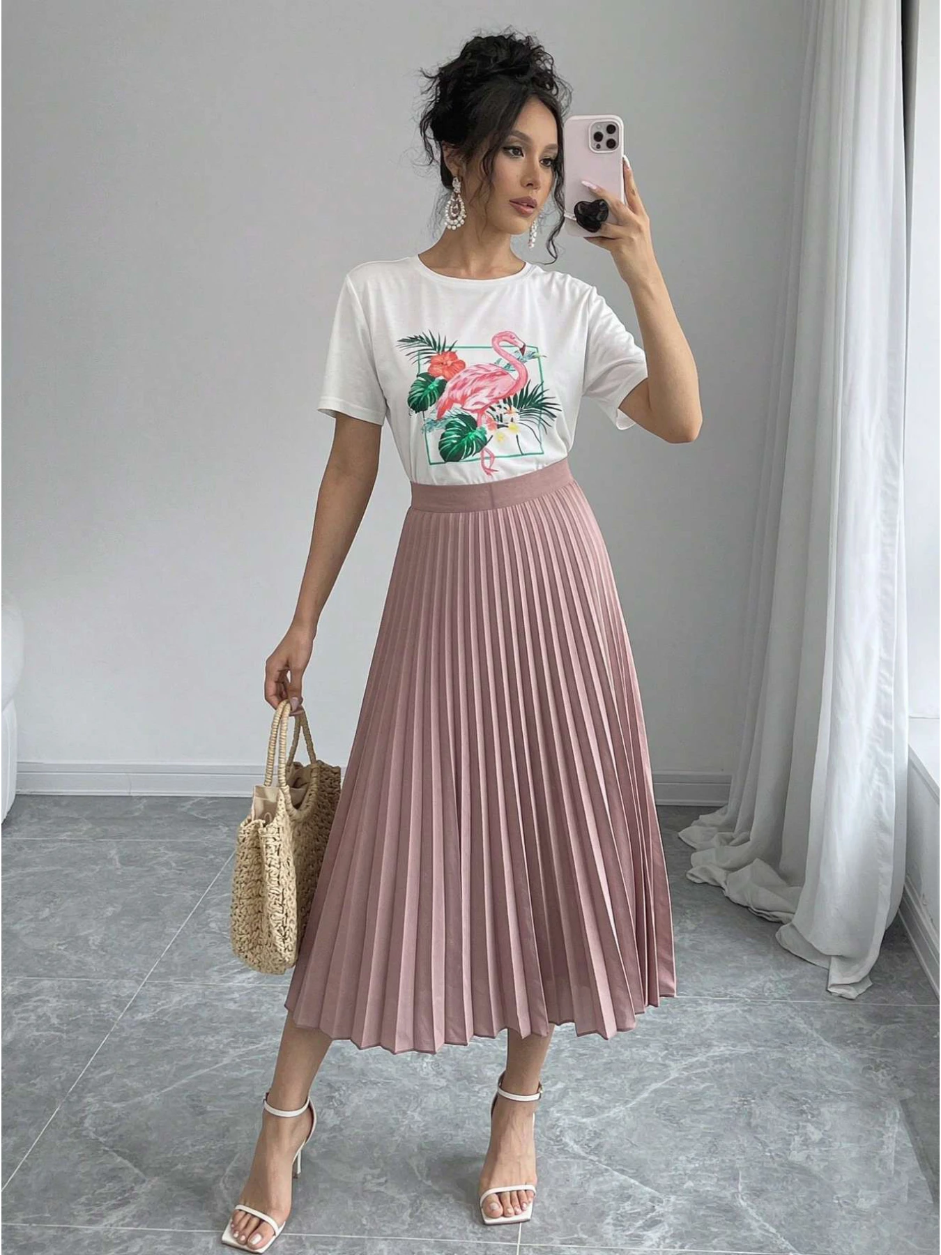 Women's Animal Print Suit Casual round Neck Short Sleeve T-Shirt Top Elastic Waist Pleated Skirt Half Skirt Set