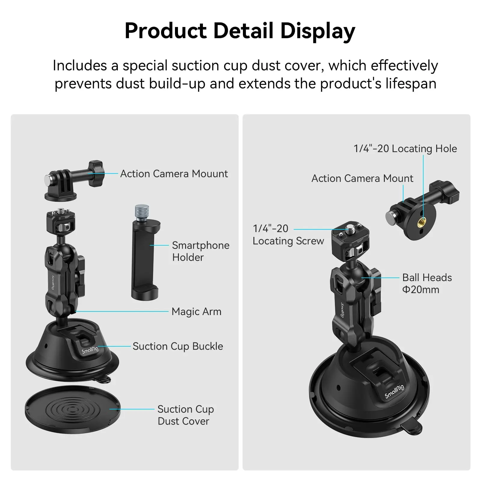 SmallRig Double-Layer Suction Cup Mount for Smartphone/Action Camera, Car Mount with Phone Holder for iPhone for GoPro for DJI