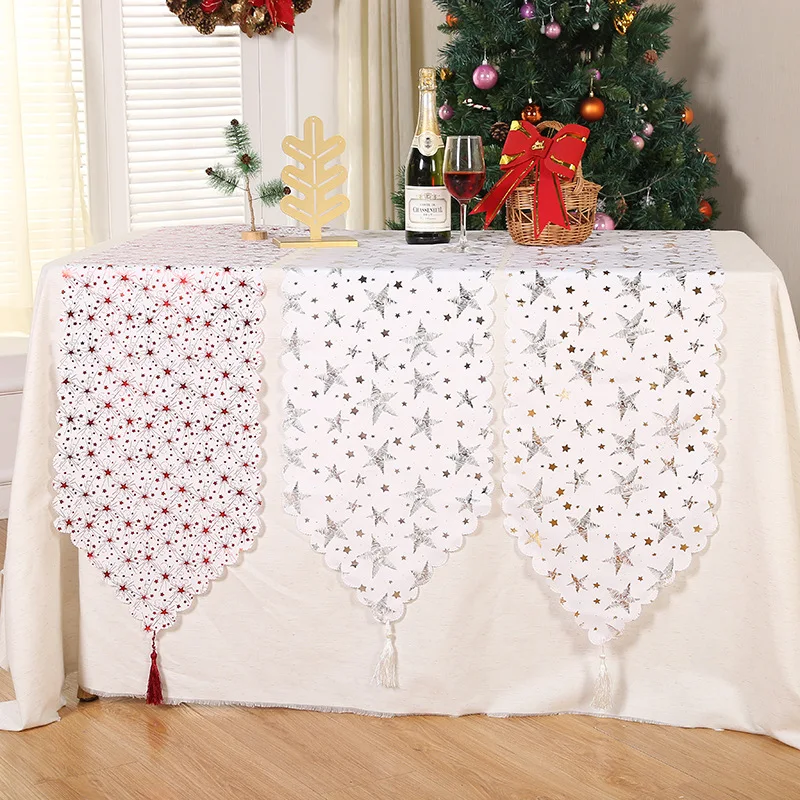 Christmas snowflakes, leaves, table runner, red printed stars, Christmas tablecloth, Christmas table decorations